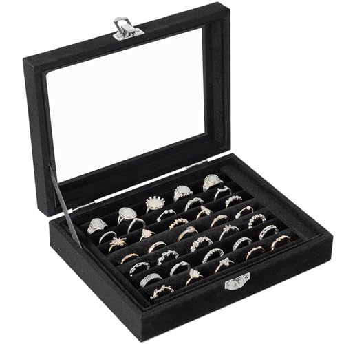 Velvet Ring Organizer Box, 7 Slots Jewelry Holder with Glass Lid Earring Display Tray Storage Case Gift for Women and Girls (Black)