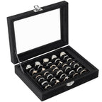 Velvet Ring Organizer Box, 7 Slots Jewelry Holder with Glass Lid Earring Display Tray Storage Case Gift for Women and Girls (Black)