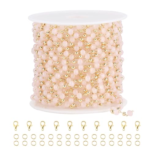 SMYHTGLIF 5 Meters Gold Plated Brass Bead Jewelry Making Chain Pink Crystal Chain Bulk Craft Chain with Lobster Clasps and Jump Rings for Jewelry Making - color: Pink