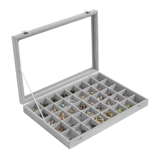 Stratalife Jewelry Organizer 40 Grid Jewelry Tray with Lid Dust-proof Velvet Earring Organizer Ring Holder Necklaces Earrings Storage Drawer Accessories Box for Women Gray - color: Gray, size: 40 Grid