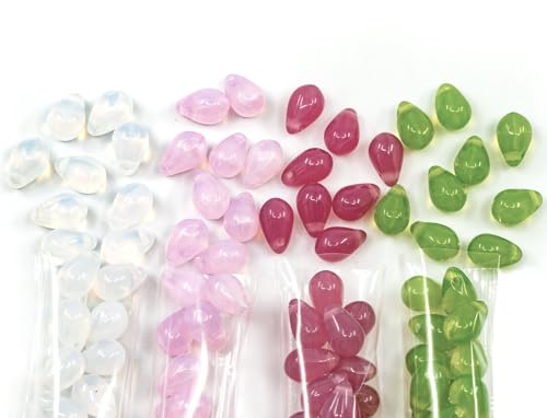 120+ Bead Kit of 6x9mm Pendant Drop Beads - Teardrop Glass Beads for Jewelry Making Set in 4 Opal Colors: White, Pink, Dark Pink, Grass Green - color: SET Teardrop Opal