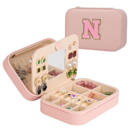 Travel Jewelry Case, Jewelry Box with Mirror, Jewelry Organizer Bridal Shower Gifts to Her, Earring Storage Travel Case, Trendy Gift for Women and Girls, Girlfriend-Letter N, Pink - color: N, size: Pink