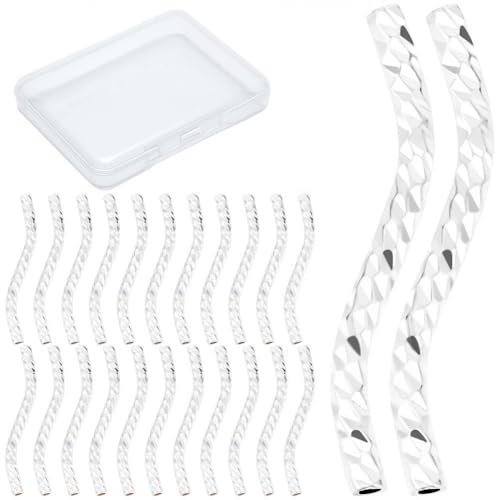 CREATCABIN 40 Pcs Curved Fish Scale Noodle Tube Beads 925 Sterling Silver Plated Brass Long Curved Twist Tube Beads Spacer Connectors Bulk for Jewelry Making Charms Accessories 20mm - color: 03-silvery