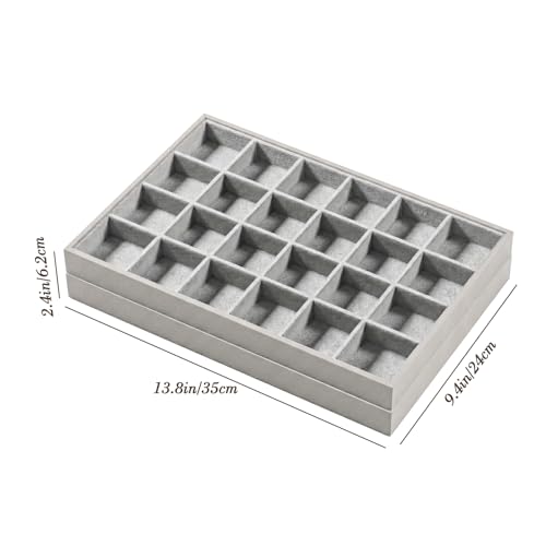 2-Piece Gray leather Stackable Jewelry Organizer Tray Set, Bracelet Ring Earring Holder Box, Necklace Display Stand for Storage and Retail Display (24 Grids) - style: 24 Grids