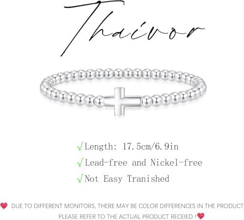 Mothers Day Gifts - Beaded Bracelets for Women 14K Silver Gold Plated Stretch Handmade Ball Bracelets Cute Charm Bracelet Dainty Stackable Cross Heart Bow Wave CZ Circle Trendy Jewelry Easter Gifts - color: cross-silver