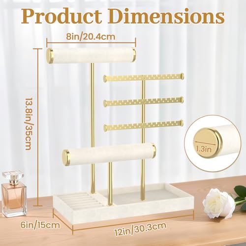 MODOWEY Necklace Holder Earring Stand Organizer, Wooden Velvet Bracelet Tree Rack with Ring Tray for Vendor Women Display Selling, Countertop T Bar Jewelry Tower Keep Everything Visible & Within Reach - color: Beige