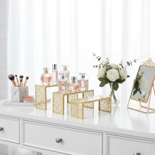 3 Tier Gold Metal Display Risers, Display Stand for Perfume Purse Handbag Shoe Jewelry Cupcake Dessert and Amiibo Funko POP Figure - color: Gold Metal Display Risers