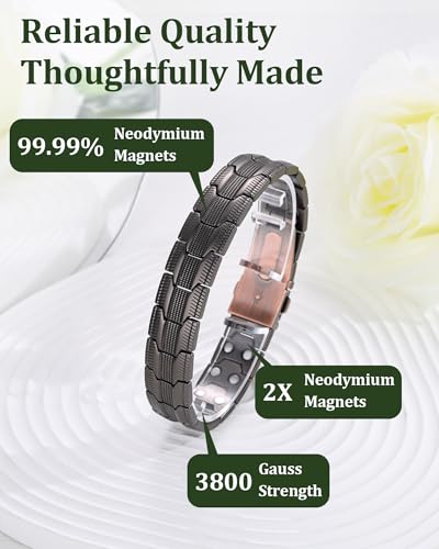 Copper Bracelet for Men, 2X Strength 99.99% Pure Copper Magnetic Bracelet with Magnets, Butterfly Clasp Design, Adjustable Length with Sizing Tool - color: Gunmetal
