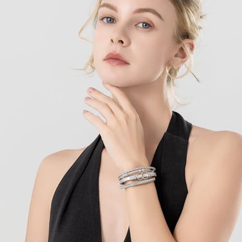 FANCY SHINY Mothers Day Gifts Boho Leather Wrap Bracelet Stackable Infinity Chunky Cuff Bracelets Western Hippie Outfits Jewelry Valentine Gifts for Women - color: Silver