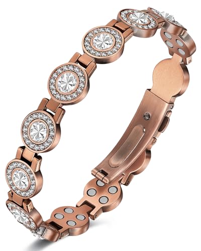 Feraco Pure Copper Bracelets for Women, 4X Ultra Strength Magnetic Bracelet with 3800 Gauss Neodymium Magnets & Dazzling Austrian Cut Crystals Stone, Adjustable Jewelry Gift - style: Sparkle Sphere - Copper