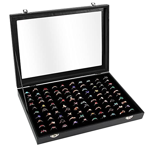 Ring Display Case Organizer Box with Transparent Lid, 100 Slots Ring Storage Display Box Case Tray Holder PU Leather Black - color: Black, size: Ring tray