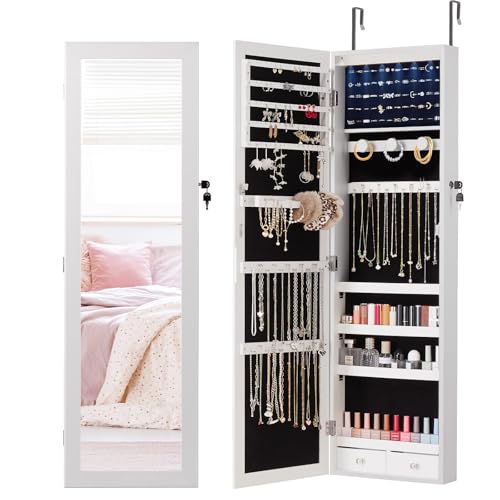 DUMOS 6 LEDs Mirror Jewelry Cabinet, Wall or Door Mounted Jewelry Organizer, 47.2-Inch Tall Lockable Large Capacity Cosmetic Storage, Gift Idea - color: White