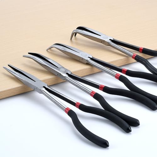 4-Piece 11" Precision Long Nose Pliers Set with Insulated Comfort Grip Handles,Straight Long Needle Nose Pliers,25/45/90 Degree Angle Curved Pliers for Wire Bending,Shaping,Trimming - size: 4pcs-Straight/25/45/90
