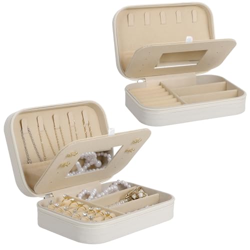 2-Pack PU Leather Travel Jewelry Organizer Cases with Mirror for Women, Portable Velvet Jewelry Box Set for Earrings, Rings, Necklace, Bracelet - Luxury Gift Set (Beige)