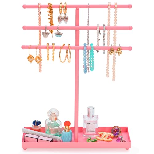 AUTODECO Jewelry Organizer Stand 3 Tier Tabletop Bracelet Rings Watches Necklace Display with Tray Great for Women Pink - color: Xy011-pink