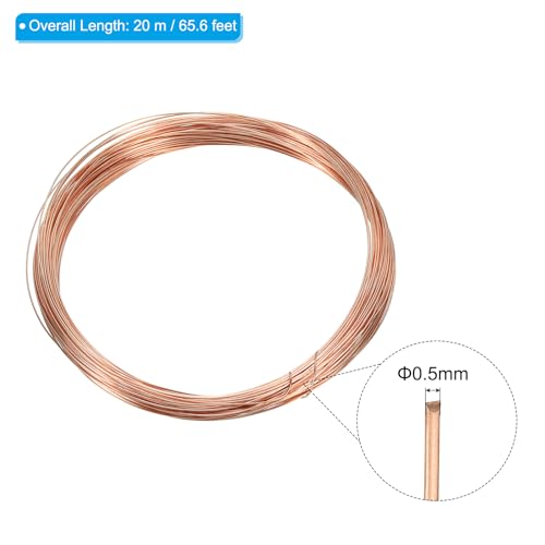 PATIKIL 66 Feet Solid Bare Copper Wire, 25 Gauge 99.9% Pure Copper Wire 0.5mm Soft Beading Wire Metal Plant Stem Ties for Jewelry Craft (20m) - size: 0.5mmx20m
