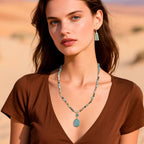2 Pcs Boho Lapis Lazuli Jewelry Set for Women - Handmade Natural Stone Beaded Long Necklace with Oval Lapis Lazuli Pendant & Trapezoid Lapis Lazuli Earrings | Vintage Elegance | Ideal Gift for Her - style: Amazonite Pendant