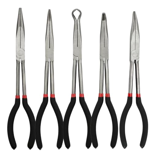 5 Pack 11" Precision Long Nose Pliers Set with Insulated Comfort Grip Handles,Straight Long Needle Nose Pliers, 25/45/90° Curved & Circle for Wire Shaping/Trimming - size: 5pcs-11"