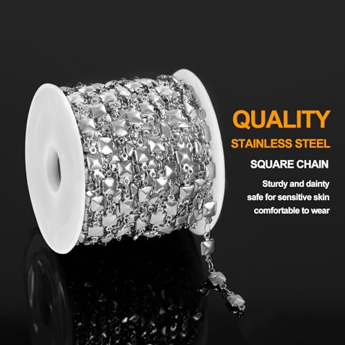 KYUNHOO 4M/13FT Silver Chains for Jewelry Making Solid Square Chain Link on Roll Stainless Steel Jewelry Supplies for Men Women DIY Necklace Bracelet Crafts - color: Square Silver