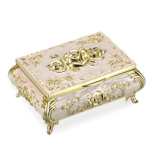 Hipiwe Vintage Jewelry Box Metal Trinket Chest Treasure Display Case for Rings Earrings Organizer Rectangular Decorative Keepsake Storage Box, Small - color: Gold, size: Small