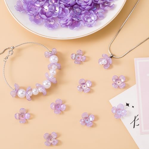 100pcs Cherry Blossom Beads, 5-Petal Acrylic Flower Beads, Mini Spacer Hair Accessories Halloween Christmas for Bracelets Earring Jewelry Making- Purple - color: Purple