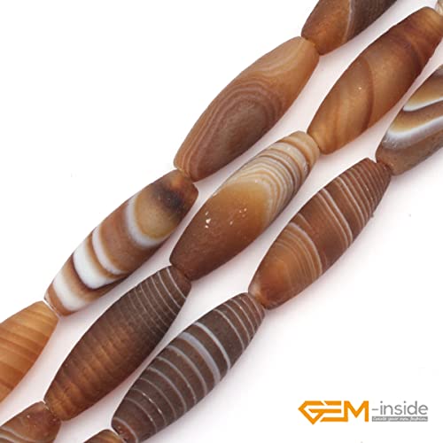 GEM-Inside 10x30mm Olivary Botswana Agate Loose Beads for Jewelry Making 15" - size: Brown-10x30mm-Matte
