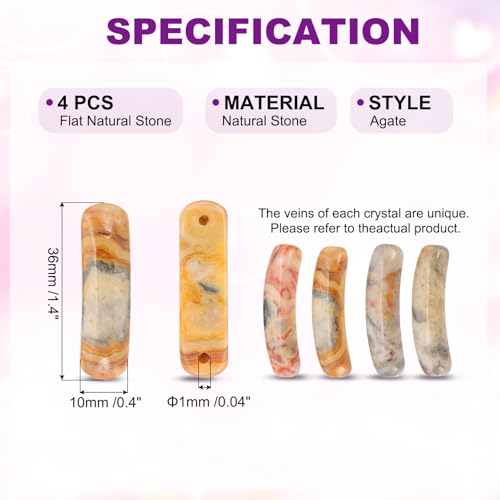 PATIKIL 4 Pcs Natural Stone, 36 x 10 mm Natural Curved Clear Quartz Stone Crystal Handmade Jade Flat Beads for DIY Crafting, Agate - color: Agate