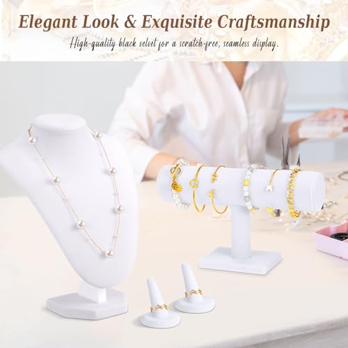 Wenqik 4 Pcs White Velvet Jewelry Display Set Necklace Bust Holder Bracelet Organizer 2 Velvet Ring Finger Jewelry Holder