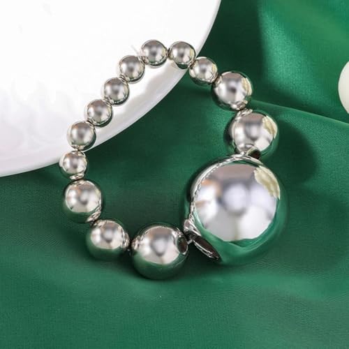 Acrylic Chunky Gold Beaded Bracelet for Women,Extra Big Round Ball Bead Chain Stretch Bracelet,Exaggerated Faux Pearl Bracelets Prom Party Jewelry - color: Silver