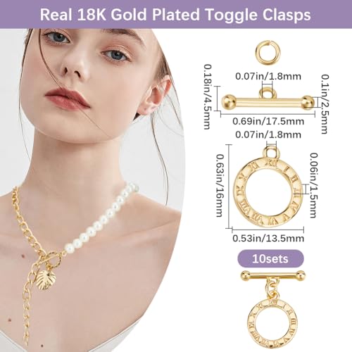 Beebeecraft 1 Box 10Pcs Real 18K Gold Plated Toggle Clasp Round Shape OT Toggle Necklace Fastener Clasp Connector Buckle T-Bar Closure Link Findings for Jewelry Making Pendants Bracelets Necklaces - color: Gold