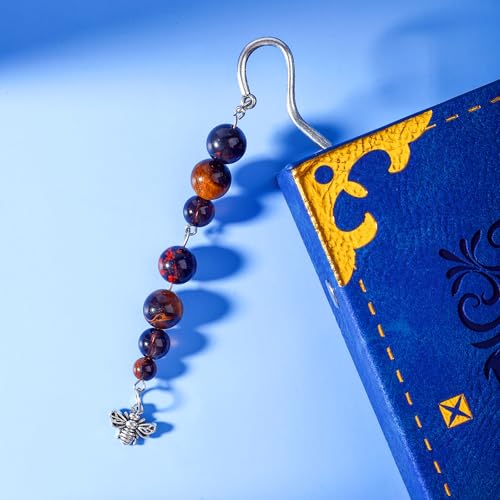 Vintage Metal Bee Bookmark Pendant with Natural Crystal Bead Chain–Elegant Bookmarks for Women,Men,Book Lovers,Teachers and Students(Tiger Eye) - style: Bee