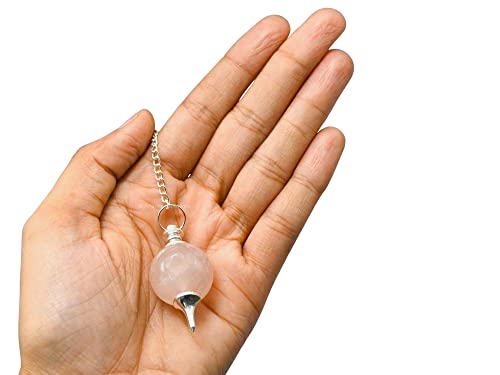 Amazing Gemstone Rose Quartz Crystal Ball Pendulum Necklace - Dowsing Pendulum with Chain and Quartz Bead for Reiki Healing and Meditation - color: Rose Quartz