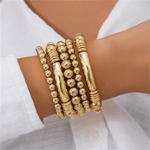 5Pcs Gold Bead Bracelets Set for Women,14K Gold Plated Stackable Bead Ball Bracelets Set,Adjustable Chunky Bangles Bracelets,Boho Stretch Bead Ball Bracelet for Women - color: 5Gold
