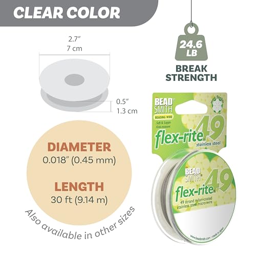 The Beadsmith Flex-Rite Beading Wire - 49-Strand Nylon-Coated Stainless-Steel Wire, 0.018" (0.45 mm) Dia, Clear, 30 ft Spool, Durable Necklace & Bracelet String, for Jewelry Making Supplies - color: Clear, size: .018” Dia - 30 ft