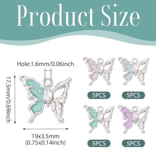 FASHEWELRY 20Pcs Alloy Crystal Rhinestone Butterfly Charms Gradient Color Enamel Butterfly Charms Silver Plated Fairy Pendants for Earring Jewelry Making Necklace Bracelet Craft - color: Butterfly-Silver Plated