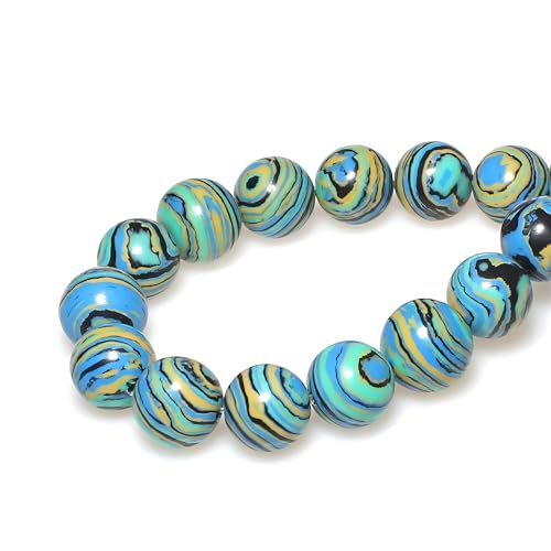 MJDCB Synthesis Colour Malachite Beads Beautiful Fashion Round Stone Beads for DIY Jewelry Making 15" (12mm, Blue- Gold - Black) - color: Blue Gold Black Malachite, size: 12mm