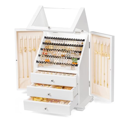 Jewelry Box Organizer, Rustic Wooden Jewelry Boxes for Women Girls, Large Storage Earring Holder Organizer Display for Earrings Necklaces Rings Bracelets (White) - color: White