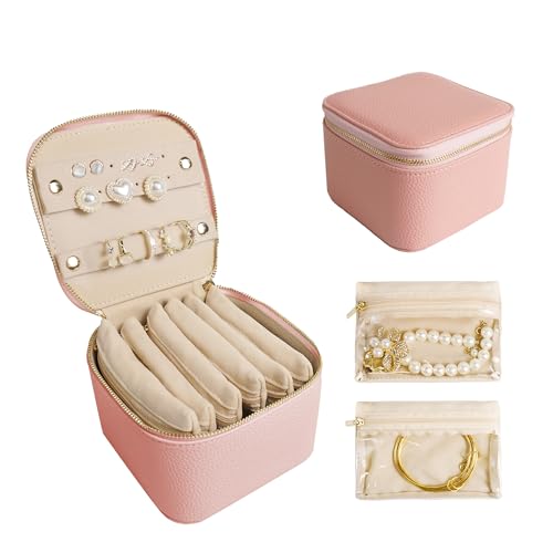 Travel Jewelry Case, Small Travel Jewelry Box with 6 Velvet Jewelry Bag Mini Pouch, Portable Travel Jewelry Organizer for Rings Earrings Necklaces, Beauty Gifts for Women Girls (Muted Pink) - color: Muted Pink