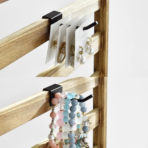 Ikee Design Wooden Jewelry Display Rack with 20 Removable Metal Hooks, Earring Card Display Holder Stand for Earring Cards, Necklaces, Bracelet, Keychain Stand, Oak Color - color: 4) Oak