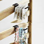 Ikee Design Free Assemble 2 Pcs Set Wooden Jewelry Display Rack with 20 Removable Metal Hooks/Each, Earring Display Holder Stand for Earring,Necklaces,Bracelet, Keychain Stand, Oak Color - color: b) Oak, 2 Pieces