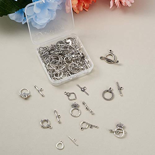 Craftdady 40 Sets Antique Silver Round Ring Toggle Clasps 8 Styles Tibetan Metal Closure End Clasps with T-Bar Connectors for Craft Bracelet Jewelry Making - color: 8 Styles,Antique Silver