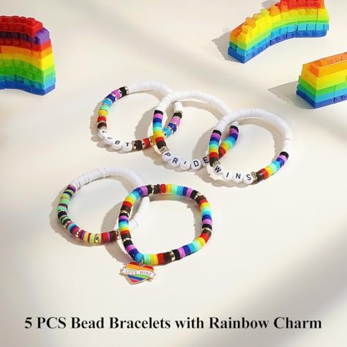 Emibele Colorful Stretch Bracelet Stack Boho Beaded Bracelet Set Heishi Surfer Bracelet Stackable Y2K Trendy Jewelry Friendship Multiple Set Women Fans - style: Rainbow