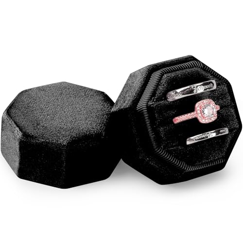 Velvet Ring Box 3 Slots, Premium Jewelry Ring Storage Gift Box Vintage Ring Display Holder Case for wedding ceremony Proposal Engagement (Black) - color: Black