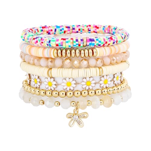 RISHEGAE Heishi Beaded Stretch Bracelets for Women Stackable Polymer Clay Beads Bracelets Friendship Boho Summer Beach Bracelet Jewelry Set - color: C-Daisy 8pcs