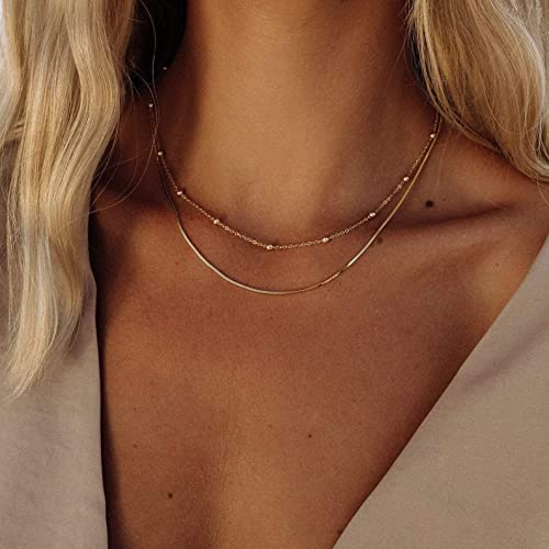 Freekiss Women's Layered Necklace Set - 3 Piece Dainty Gold Jewelry for Everyday Stacking | 14K Gold Plated Snake Chain, Rope Chain, Cuban Chain | Adjustable Length 14-18.5 Inch | Gift Ready - color: Gold, style: Layer Beaded Choker+1.5mm snake