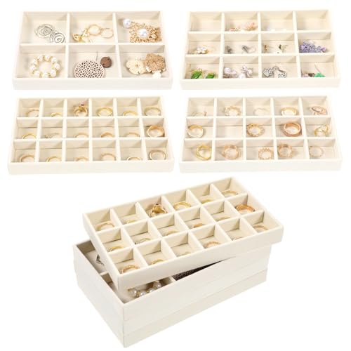 12 Pcs Velvet Jewelry Organizer Trays Set, 4 Styles Stackable Drawer Organizer with Removable Dividers, Storage and Display for Earrings, Necklaces, Bracelets, Rings, Vanity Dresser Storage Box, Beige