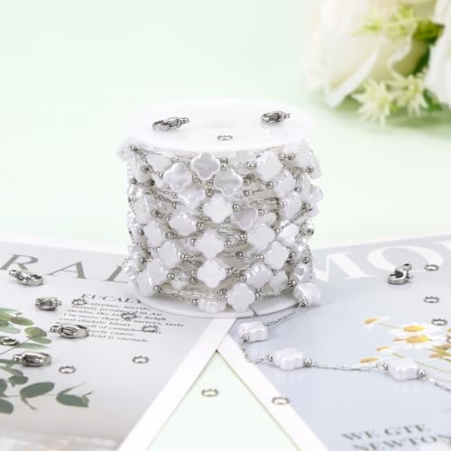 KYUNHOO 13 Feet Stainless Steel Silver Jewelry Making Chains Clover Leaf Shaped Faux Pearl Chain Roll with Jewelry Clasps for Handcraft DIY - color: Clover Silver