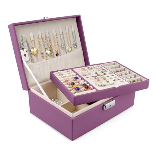 Homeanda Jewelry box 2 layer Jewelry box Leather Jewelry boxes for Women Girls Teens Jewelry organizer box Jewelry Storage box with lock(Purple) - color: Purple