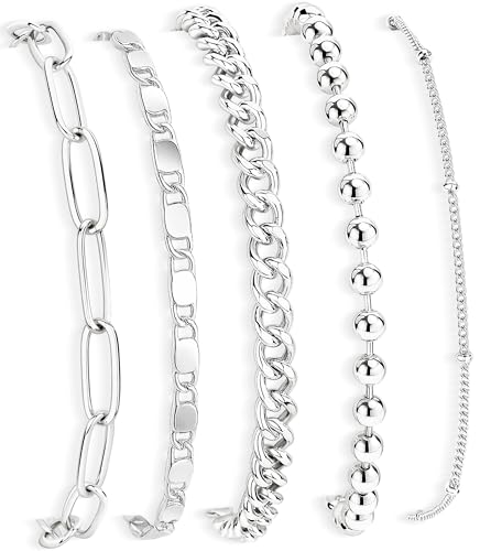 Gold Bracelets Set for Women Stack, Chunky Thick Bracelets Stack for Women Trendy, Simple Dainty Thin Gold Plated Cuff Stackable Bracelets With Beaded Cuban Paperclip Snake Rope Bangle Hand Chain Jewelry - style: Style 03-silver