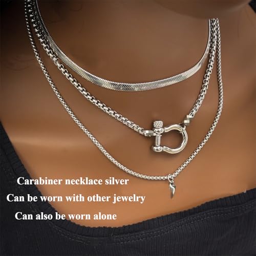 18K Gold Plated Buckle Necklace with Heavy Screw Anchor Shackle Wheat Chain Two Tone Carabiner 17.7 Inch Stainless Steel Foxtail Chain - color: Silver